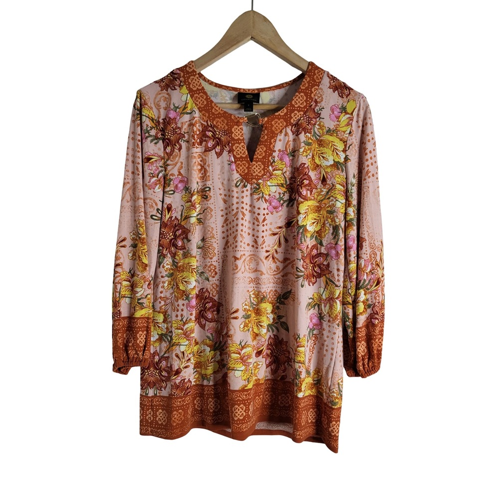JM Collection Floral Paisley Tunic Top Orange Pink Gold Ring Detail S Earthcore